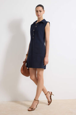 Lacivert Duz Kesim Cepli Gomlek Yaka Keten Gorunumlu Mini Dokuma Elbise TWOSS22EL1068