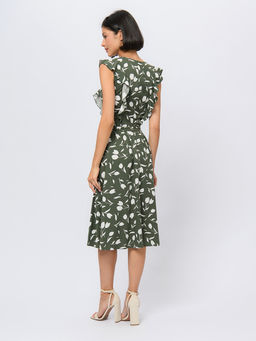 Платье цвета хаки с принтом длины миди и воланами на плечах - 1001dress фото 4