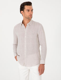 Bej Regular Fit Kareli %100 Keten G_mlek