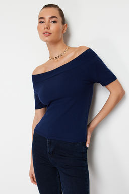 Lacivert Premium/Ozel Iplikli Carmen Yaka Triko Kazak TWOSS24KZ00010 - Trendyolmilla фото 4