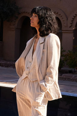 Bej Cizgili Beli Lastikli Cepli Straight/Duz Kesim Pamuk Keten Dokuma Pantolon TWOSS24PL00055