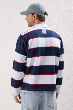 TRENDYOL MAN Lacivert Kolej Oversize/Genis Kesim Cizgili Sweatshirt TMNSS25SW00002 - Trendyolmilla фото 5