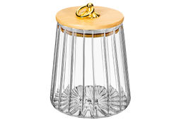 Банка д/хранения 650 мл 10*10*13 см с бамбуковой крышкой, золотой держатель, стекло