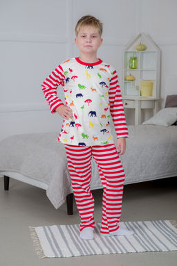 Пижама детская из джемпера и брюк без манжет из интерлока Сафари красный полоса - Амадэль фото 12