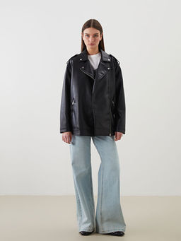 G?mlek Yaka Oversize Kad?n Deri G?r?n?ml? Ceket