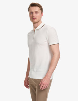 Ekru Slim Fit %100 Pamuk Fermuarl_ Polo Yaka Ti__rt