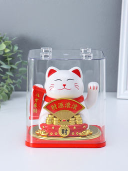 Маятник настольный антистресс от солнечной батареи «Белый кот Манэки-нэко с веером», 11.2×14.3×15.3 см