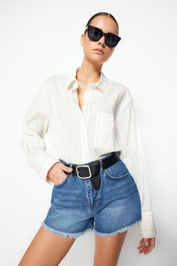 TRENDYOLMILLA Koyu Mavi Pacas? Y?rt?kl? Yuksek Bel Denim Sort TWOSS23SR00220  фото 3