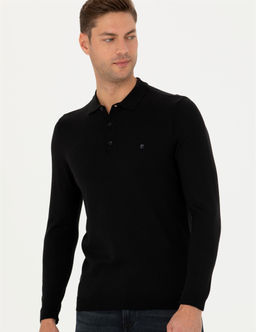 Siyah Slim Fit Polo Yaka Basic Triko Kazak - Pierre cardin фото 3
