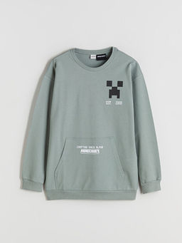 Bisiklet Yaka Minecraft Bask?l? Erkek ?ocuk Sweatshirt
