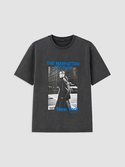 Bask?l? %100 Pamuklu Oversize Kad?n Ti??rt