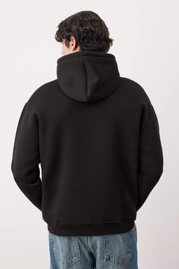 Siyah Oversize/Genis Kesim Nak?sl? Ici Polarl? Kapusonlu Sweatshirt TMNAW25SW00016