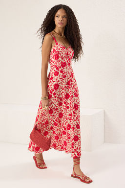 TRENDYOLMILLA K?rm?z? Cicekli Etegi Belden Ac?lan Gipeli Midi Dokuma Elbise TWOSS25EL00036 фото 6