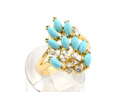 Кольцо позолоченное с бирюзой (имитация) "Гроздь", размер 21