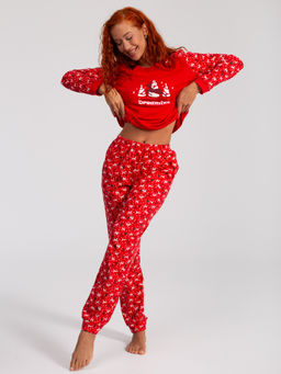 Костюм женский кулирка с брюками "ЗИМНИЙ ЛЕС" КРАСНЫЙ