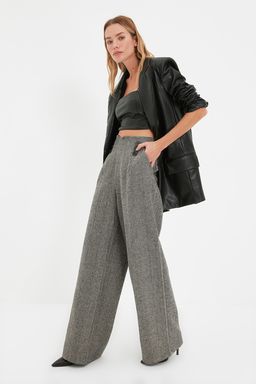 Gri Dugme Detayl? Wide Leg Dokuma Pantolon TWOAW21PL0492 Palazzo