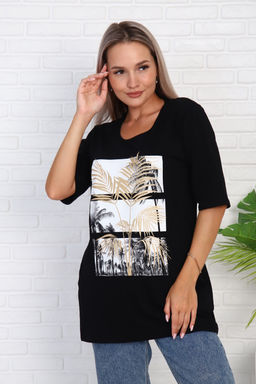 Футболка удлиненная с рисунком листья пальмы, Арт. 786