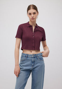 Bordo Crop Polo Tisort - Mavi фото 2
