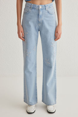 Ac?k Mavi Cicek Nak?sl? Yuksek Bel Wide Leg Jeans TWOSS25JE00047 - Trendyolmilla фото 3