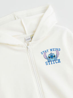 Kap??onlu Stitch Bask?l? K?z ?ocuk Fermuarl? Sweatshirt