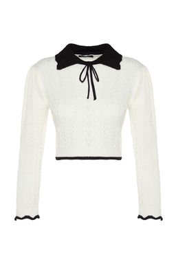 Ekru Crop Ajurlu/Delikli Kurdele/Fiyonk Detayl? Triko Kazak TWOAW24KZ01055 - Trendyolmilla фото 7