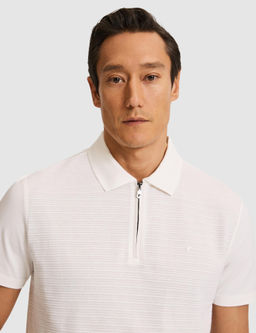 Ekru Slim Fit Saf Pamuk Fermuarl_ Polo Yaka T-shirt