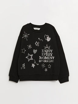 Bisiklet Yaka Bask?l? Uzun Kollu K?z ?ocuk Sweatshirt