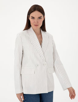 Ekru Keten Kar___ml_ Comfort Fit Kruvaze Ceket