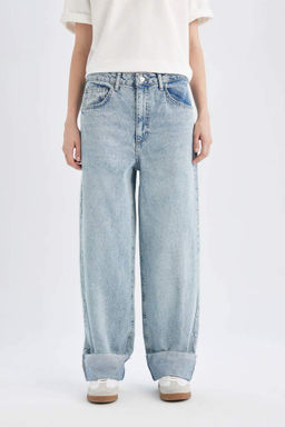 Мешковатые джинсовые брюки длиной до щиколотки с высокой талией и мешковатыми манжетами. - Defacto фото 8