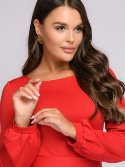 Платье красное длины миди с объемными рукавами - 1001dress фото 4