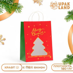 Цена за 12 шт. Пакет подарочный новогодний крафт, с окном Ёлка 30?22?14 см