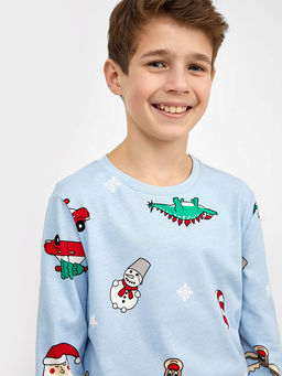 Хлопковый комплект (лонгслив и брюки) бледно-голубого цвета с новогодними рисунками - Mark formelle фото 4