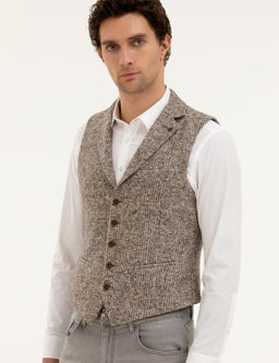 Bej Slim Fit Y_n Kar___ml_ Dokuma Yelek