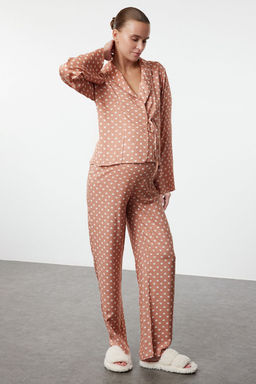Koyu Bej Kalpli Baglama Detayl? Viskon Hamile Dokuma Pijama Tak?m? THMAW22PT0300