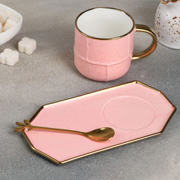 Чайная пара с ложкой «Весна», 2 предмета: кружка 300 мл, блюдце, керамика, розовая