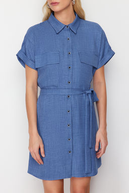 Indigo Kusakl? Cep Detayl? Mini Dokuma Gomlek Elbise TWOSS24EL00350 - Trendyolmilla фото 5