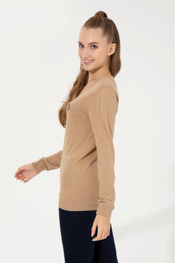 U. S. Polo Assn Женский базовый свитер светло-коричневого цвета с v-образным вырезом меланжевого цвета - U.s. polo assn фото 11