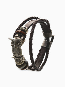 Браслет кожаный «Совушка», L=20 см, коричневый в чернёном серебре