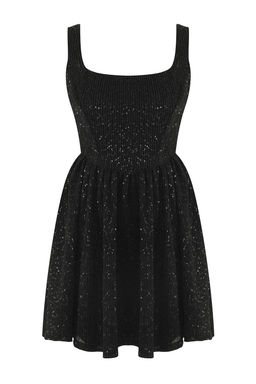 Siyah Etegi Belden Ac?lan Payet Mini Abiye Gece Mezuniyet Elbisesi TPRSS25EL00286