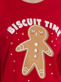 Пижама женская красная с принтом "пряничные человечки" и надписью "biscuit time"
