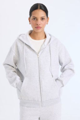 Relax Fit Kapusonlu Cepli Basic Duz Fermuarl? Sweatshirt