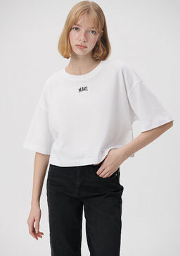 Mavi Logo Bask?l? Beyaz Crop Tisort