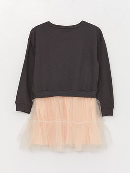 Bisiklet Yaka Bask?l? Uzun Kollu K?z ?ocuk Elbise