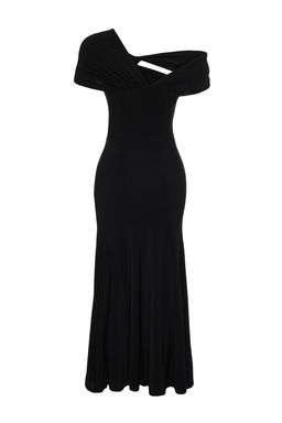 Siyah A-Kesim Asimetrik Yaka Orme S?k Abiye Elbise TPRSS24EL00046