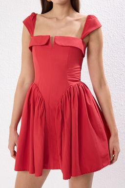 TRENDYOLMILLA K?rm?z? A-Kesim Dugmeli Poplin Dokuma Poplin K?sa S?k Elbise TPRSS25EL00174  фото 3