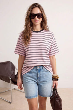 Pembe _izgili Oversize/Geni_ Kal_p D___k Kol K_sa Kollu Tok %100 Pamuk _rme T-Shirt TWOSS26TS00152