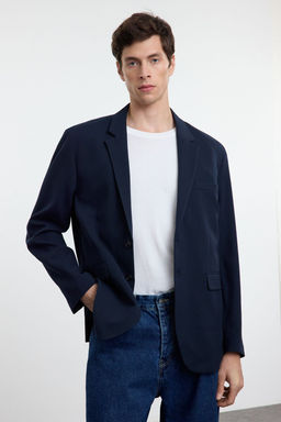 TRENDYOL MAN Lacivert Regular Fit Dusuk Omuz Genis Kal?p Dokuma Klasik Blazer Ceket TMNAW25BC00002