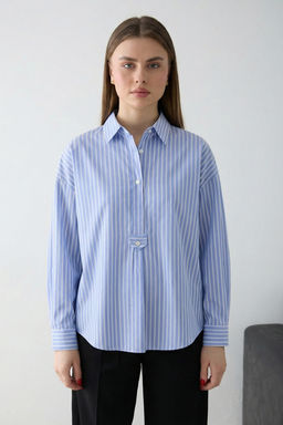 Koyu Kahverengi-Ekru Cizgili Yar?m Dugmeli Oversize Dokuma Bluz TWOSS26BZ00565 - Trendyolmilla фото 16