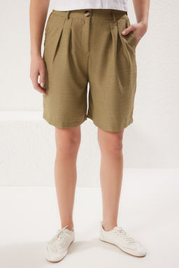 TRENDYOLMILLA Yag Yesili Yuksek Bel Keten Gorunumlu Genis Paca Sort Dokuma Sort & Bermuda TWOSS25SR00029  фото 4