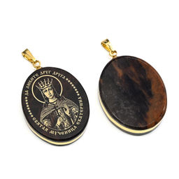 Кулон из обсидиана овал с окантовкой " Св.Екатерина " 20*30мм